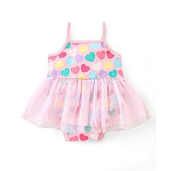 Babyhug 100% Cotton Knit Sleeveless Frock Style Onesie with Bow Applique & Heart Print - Pink