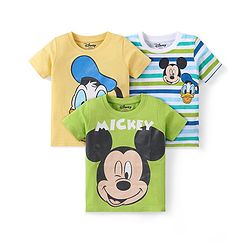 Babyhug Disney Cotton Knit Half Sleeves T-Shirts with Mickey Mouse Graphics Pack of 3 - Multicolour