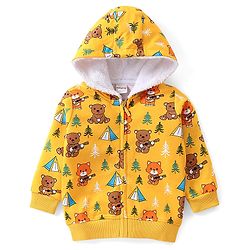 Babyhug Cotton Knit Full Sleeves Hooded Sweatjacket With Hood & Teddy Print - Yellow