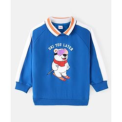 Babyhug Cotton Knit Polo Collar Full Sleeves Sweatshirt With Bear Print - Blue