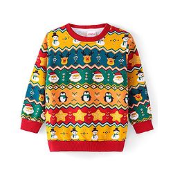 Babyhug Cotton Knit Full Sleeves Sweatshirt With Christmas Theme Print - Multicolor