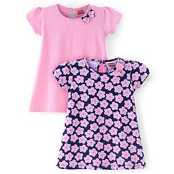 Babyhug Single Jersey Knit Half Sleeves Solid &  Floral Printed Frocks with Bow Appliques Pack of 2 - Pink & Navy Blue