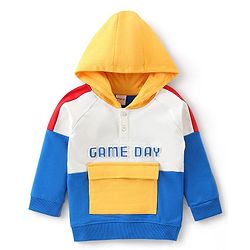 Babyhug Cotton Knit Full Sleeves Cut & Sew Hooded Sweatshirt With Front Pocket & Puff Text Print - Multicolor