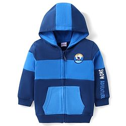 Babyhug Cotton Knit Full Sleeves Cut & Sew Hooded Sweat Jacket with Zipper Front Pocket & Badge Detailing - Navy