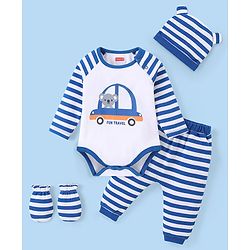 Babyhug 100% Cotton Knit Full Sleeves  Onesies with Leggings Cap & Mittens Koala Print - Blue & White