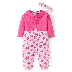 Babyhug 100% Cotton Knit Full Sleeves Romper With Hairband & Floral Print - Pink