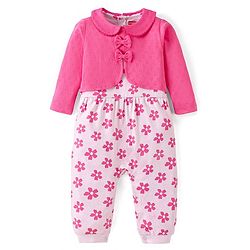 Babyhug 100% Cotton Knit Full Sleeves Romper With Hairband & Floral Print - Pink