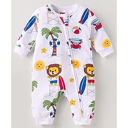 Babyhug 100% Cotton Knit Full Sleeves Romper Lion Print - White