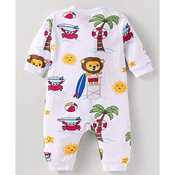 Babyhug 100% Cotton Knit Full Sleeves Romper Lion Print - White