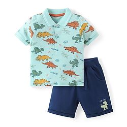 Babyhug Cotton Knit Half Sleeves Polo T-Shirt & Shorts Set With Dinosuars Print - Light Blue & Navy