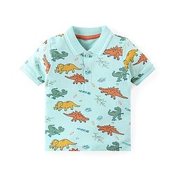 Babyhug Cotton Knit Half Sleeves Polo T-Shirt & Shorts Set With Dinosuars Print - Light Blue & Navy