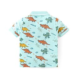 Babyhug Cotton Knit Half Sleeves Polo T-Shirt & Shorts Set With Dinosuars Print - Light Blue & Navy
