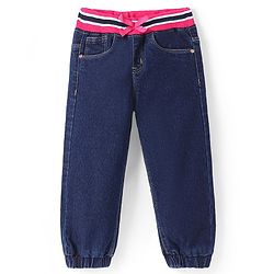 Babyhug Denim Full Length Joggers with Bow Applique - Dark Blue