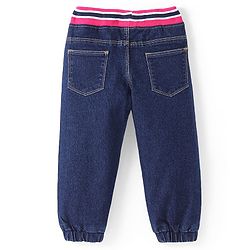 Babyhug Denim Full Length Joggers with Bow Applique - Dark Blue