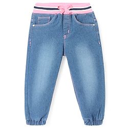 Babyhug Denim Full Length Joggers with Bow Applique - Dark Blue