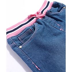 Babyhug Denim Full Length Joggers with Bow Applique - Dark Blue