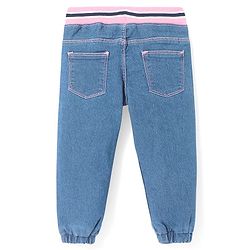 Babyhug Denim Full Length Joggers with Bow Applique - Dark Blue