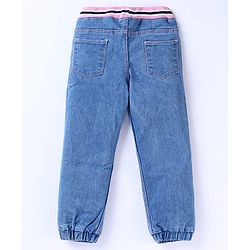 Babyhug Denim Full Length Joggers with Bow Applique - Dark Blue