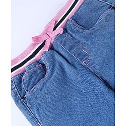 Babyhug Denim Full Length Joggers with Bow Applique - Dark Blue