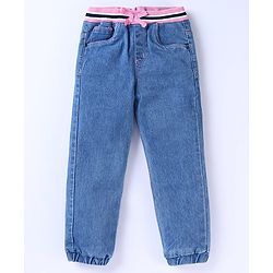 Babyhug Denim Full Length Joggers with Bow Applique - Dark Blue