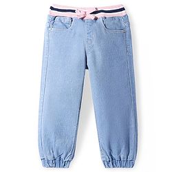 Babyhug Denim Full Length Joggers with Bow Applique - Dark Blue