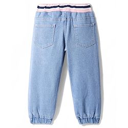 Babyhug Denim Full Length Joggers with Bow Applique - Dark Blue