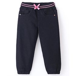 Babyhug Denim Full Length Joggers with Bow Applique - Dark Blue