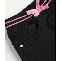 Babyhug Denim Full Length Joggers with Bow Applique - Dark Blue
