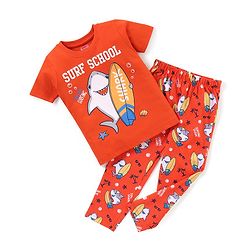Babyhug Cotton Knit Half Sleeves Surfing Shark Print Night Suit - Red