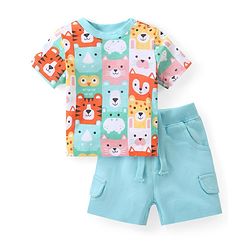 Babyhug Cotton Knit Half Sleeves T-Shirt & Shorts Set With Animal Print - Blue