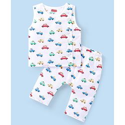 Babyhug 100% Cotton Sleeveless Jhabla and Pyjama Set Car Print - White