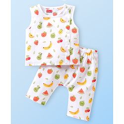 Babyhug 100% Cotton Sleeveless Jhabla & Pyjama Set Fruits Print - White
