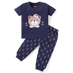 Babyhug Cotton Knit Single Jersey Half Sleeve Night Suit  with Teddy Bear Print - Navy Blue