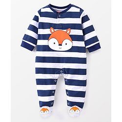 Babyhug Single Jersey Full Sleeves Striped Sleepsuit Fox Print - Navy Blue & White