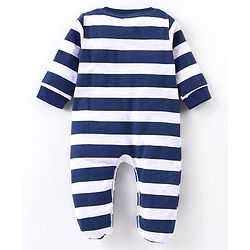 Babyhug Single Jersey Full Sleeves Striped Sleepsuit Fox Print - Navy Blue & White