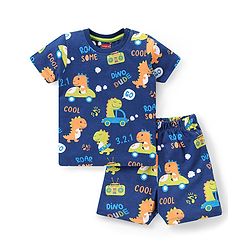 Babyhug Cotton Knit Half Sleeves Dino Print Night Suit - Navy Blue