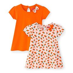 Babyhug Single Jersey Knit Half Sleeves Solid & Carrot Printed Frocks with Bow Applique Pack of 2 - Orange & Pink