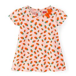 Babyhug Single Jersey Knit Half Sleeves Solid & Carrot Printed Frocks with Bow Applique Pack of 2 - Orange & Pink