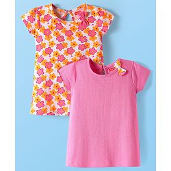 Babyhug Single Jersey Knit Half Sleeves Frocks With Floral Print & Bow Applique Pack of 2 - Yellow & Pink