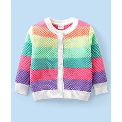 Babyhug Knitted Full Sleeves Front Open Striped  Sweater - Multicolour