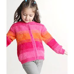 Babyhug Knitted Full Sleeves Striped Front Open Sweater- Multicolor