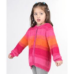 Babyhug Knitted Full Sleeves Striped Front Open Sweater- Multicolor