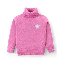 Babyhug Knit Full Sleeves Solid Colour Turtle Neck Sweater with Star Applique - Pink