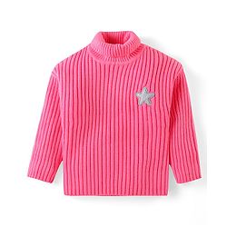 Babyhug Knit Full Sleeves Solid Colour Turtle Neck Sweater with Star Applique - Pink