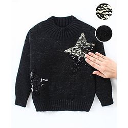 Babyhug Knitted Full Sleeves Shimmered Pullover Sweater with Reversible Sequins Detailing - Black