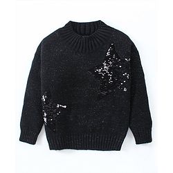 Babyhug Knitted Full Sleeves Shimmered Pullover Sweater with Reversible Sequins Detailing - Black