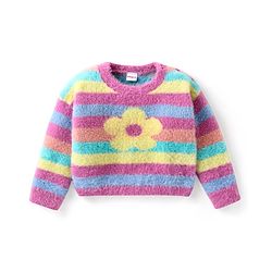 Babyhug Knitted Full Sleeves Pullover Sweater with Striped & Floral Design - Multicolour
