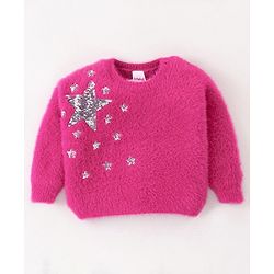 Babyhug Knitted Full Sleeves Pullover Sweater with Sequin Star Embroidery - Fuchsia