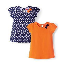 Babyhug Single Jersey Knit Half Sleeves Frocks With Floral Print & Bow Applique Pack of 2 - Navy Blue & Orange
