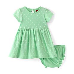 Babyhug Single Jersey Knit Half Sleeves Frock With Bloomer Polka Dot Print - Green